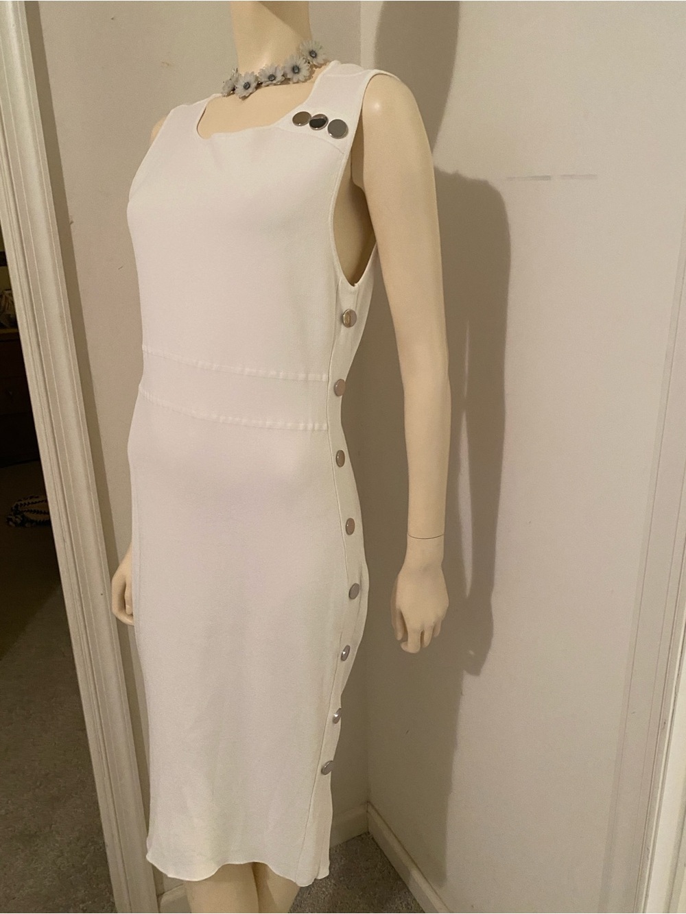 New York & Company White Sleeveless Midi Dress with Side Metal Buttons